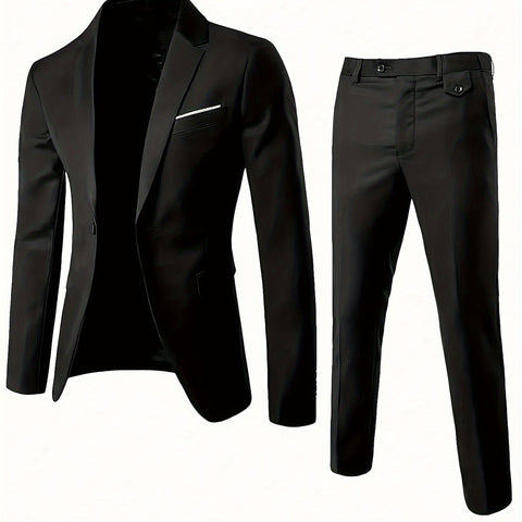 2-pack Set Of Men's Solid Color Business Outfits, Notch Lapel Collar Buttoned Blazer And Pants, Classic And Chic Set For Business, Banquet Wear And Formal Occasions
