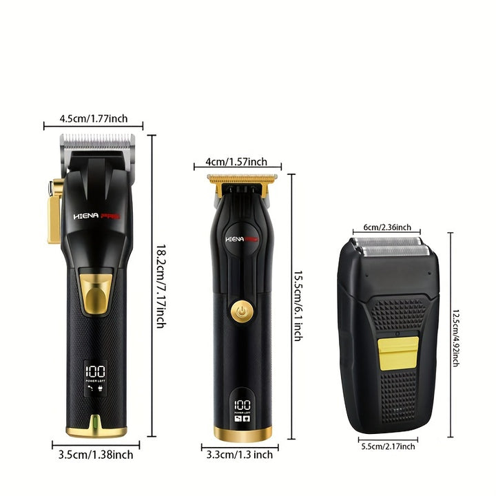 HIENA 3pcs Cordless Hair Clipper Set - Professional Electric Beard Trimmer & Shaver Kit for Men, USB Rechargeable with LCD Display, 2000mAh Battery, Includes Scissors, Combs, and Accessories in Stylish Case, Hair Trimmer