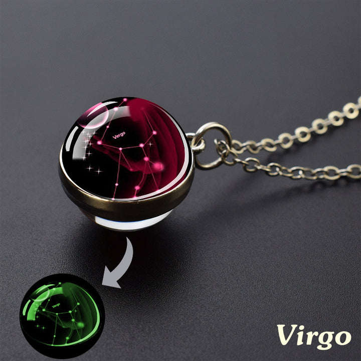 Glow-in-the-Dark Zodiac Pendant Necklace - Starry Sky Glass Ball with Luminous Constellation Design, Fashionable Zinc Alloy Jewelry for Men
