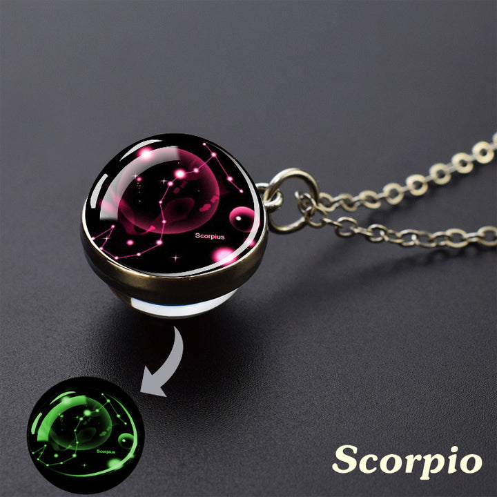 Glow-in-the-Dark Zodiac Pendant Necklace - Starry Sky Glass Ball with Luminous Constellation Design, Fashionable Zinc Alloy Jewelry for Men