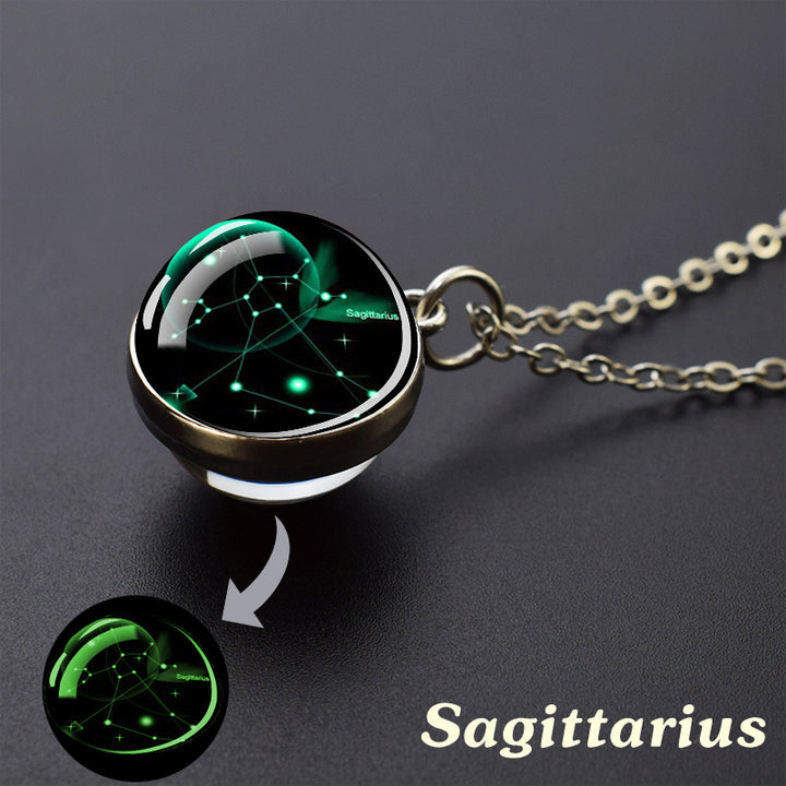 Glow-in-the-Dark Zodiac Pendant Necklace - Starry Sky Glass Ball with Luminous Constellation Design, Fashionable Zinc Alloy Jewelry for Men