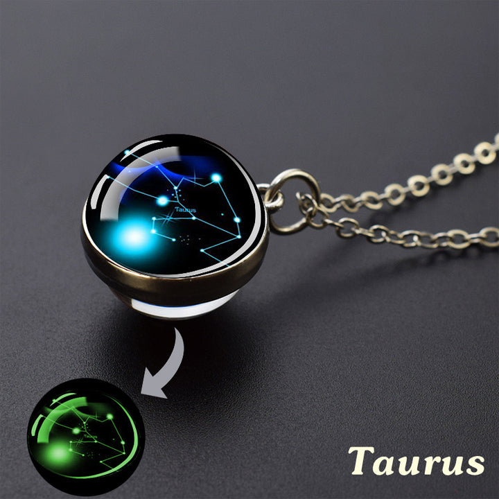 Glow-in-the-Dark Zodiac Pendant Necklace - Starry Sky Glass Ball with Luminous Constellation Design, Fashionable Zinc Alloy Jewelry for Men