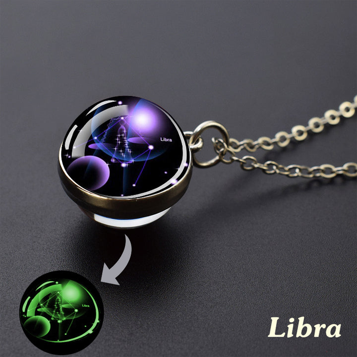 Glow-in-the-Dark Zodiac Pendant Necklace - Starry Sky Glass Ball with Luminous Constellation Design, Fashionable Zinc Alloy Jewelry for Men