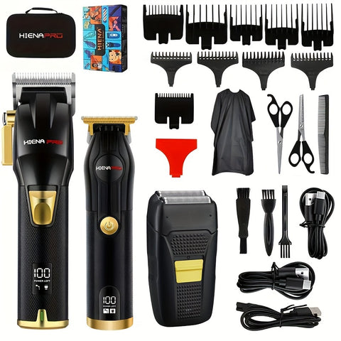 HIENA 3pcs Cordless Hair Clipper Set - Professional Electric Beard Trimmer & Shaver Kit for Men, USB Rechargeable with LCD Display, 2000mAh Battery, Includes Scissors, Combs, and Accessories in Stylish Case, Hair Trimmer