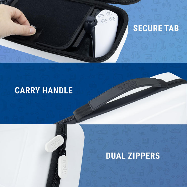 Orzly Étui de transport pour lecteur à distance Playstation Portal, accessoires pour console PS5, protection de voyage et de stockage pour chargeur de casque et plus BLANC/NOIR -Édition coffret cadeau