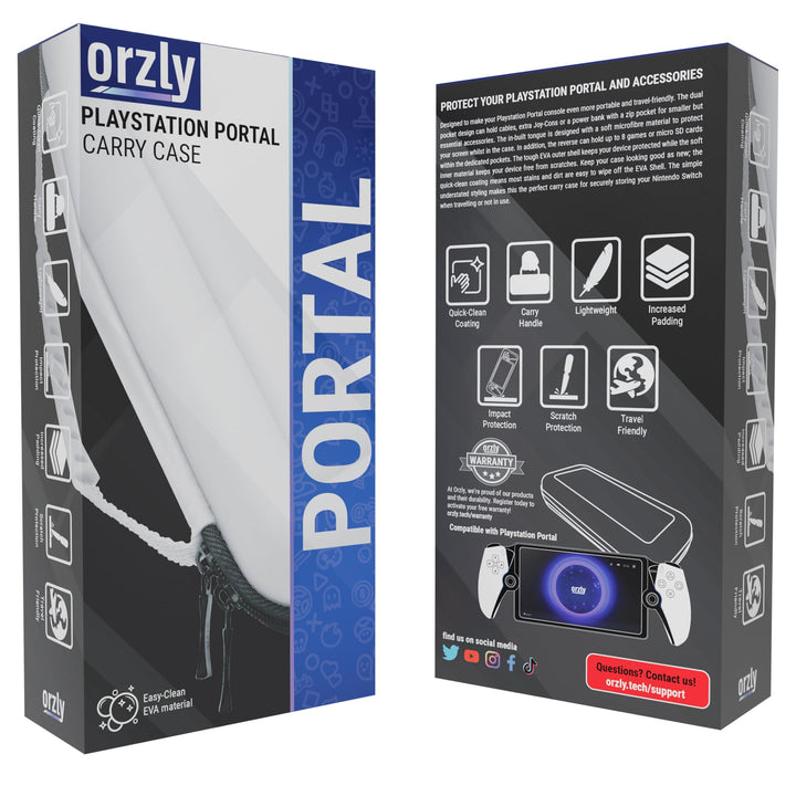 Orzly Étui de transport pour lecteur à distance Playstation Portal, accessoires pour console PS5, protection de voyage et de stockage pour chargeur de casque et plus BLANC/NOIR -Édition coffret cadeau