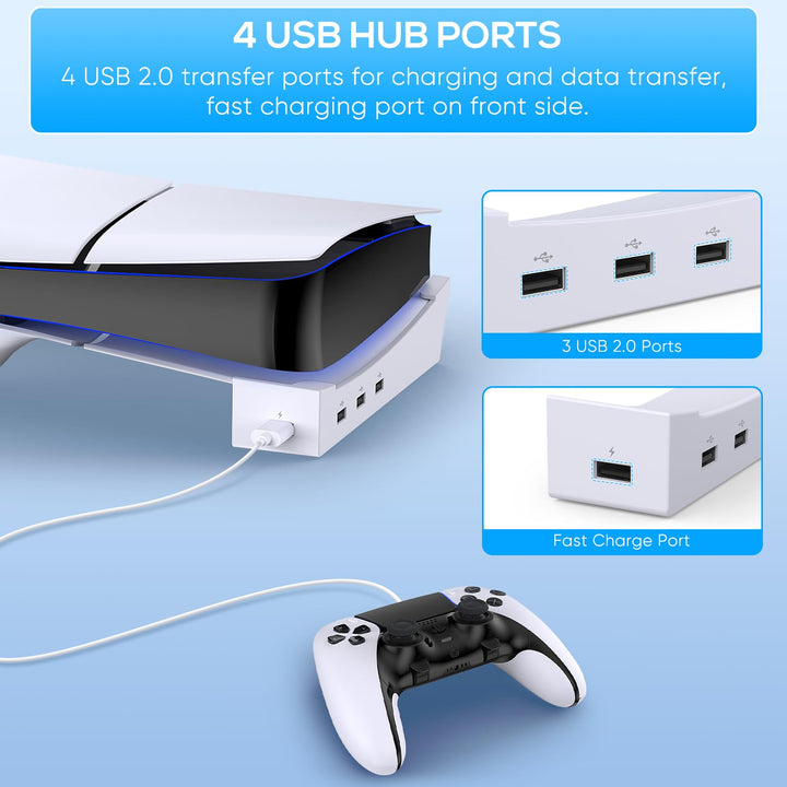 Support Horizontal pour Console PS5 Pro/PS5 Slim avec Hub USB 4 Ports, Base Accessoires pour Playstation 5 Pro/Playstation 5 Slim Disc&Digital Edition,Support avec 4 Ports USB 2.0 Date pour Chargement