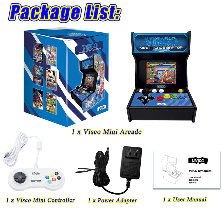 UNICO Visco Mini Arcade Bar Top avec Manette de Jeu Supplémentaire, Petite Machine D'arcade à Domicile, Musashi Ganryu, etc. 12 Jeux Rétro Visco Préchargés, Écran 8 Pouces, Support de Sortie HDMI