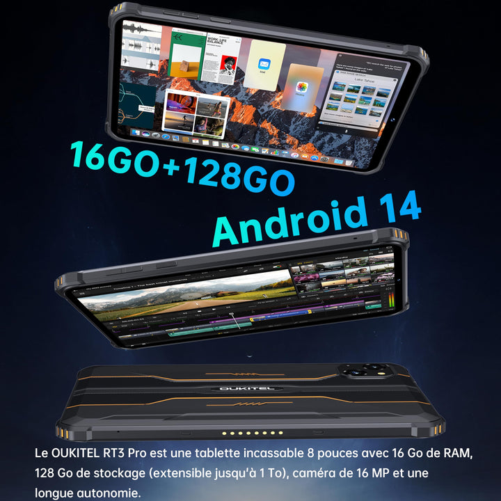 OUKITEL RT3 Pro Tablette Incassable - Android 14 Tablette Tactile 8 Pouces,16GO(4+12) RAM + 128GO ROM,5150mAh Tablette Durcie 4G,16MP Caméra, Dual SIM 4G,IP68/GPS/OTG/NFC/2Ans Garantie,Noir