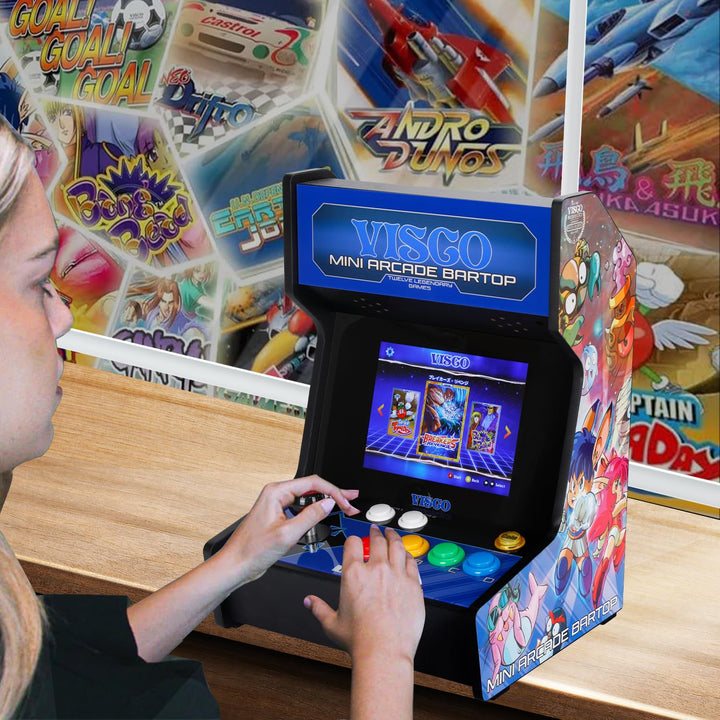 UNICO Visco Mini Arcade Bar Top avec Manette de Jeu Supplémentaire, Petite Machine D'arcade à Domicile, Musashi Ganryu, etc. 12 Jeux Rétro Visco Préchargés, Écran 8 Pouces, Support de Sortie HDMI
