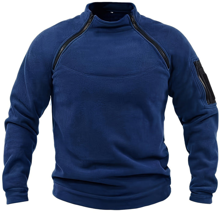 Men's Tactical Stand Collar Sweatshirt - Warm, Breathable Fleece for Fall/Winter, Casual Solid Color with Zip Detail, Machine Washable, Fleece Lined Sweatshirt