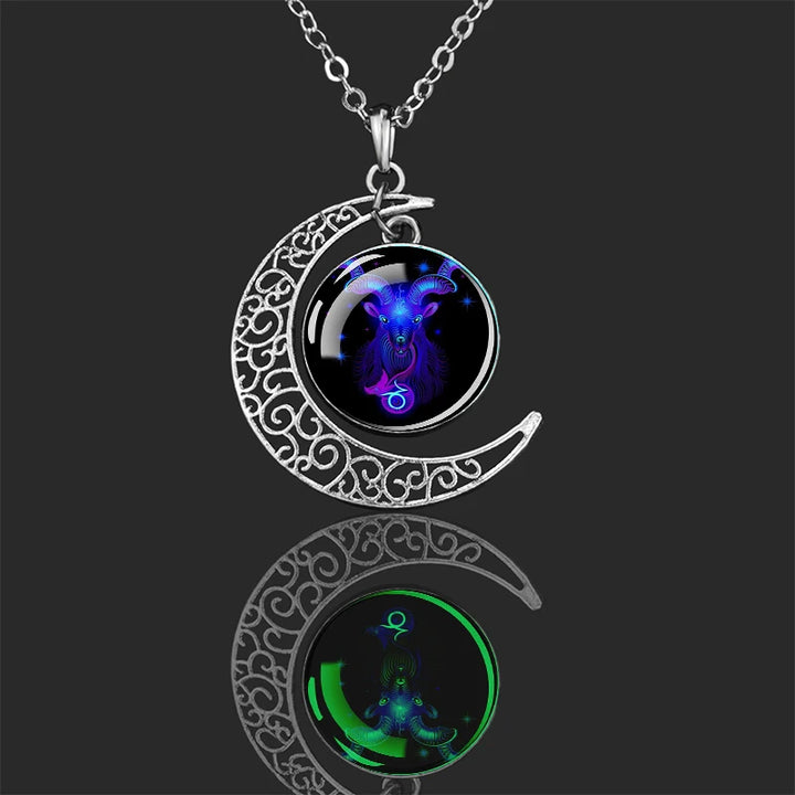 Luminous 12 Constellations Zodiac Signs Necklaces Crescent Moon Pendant Chains Necklace for Women and Men Birthday Jewelry Gifts