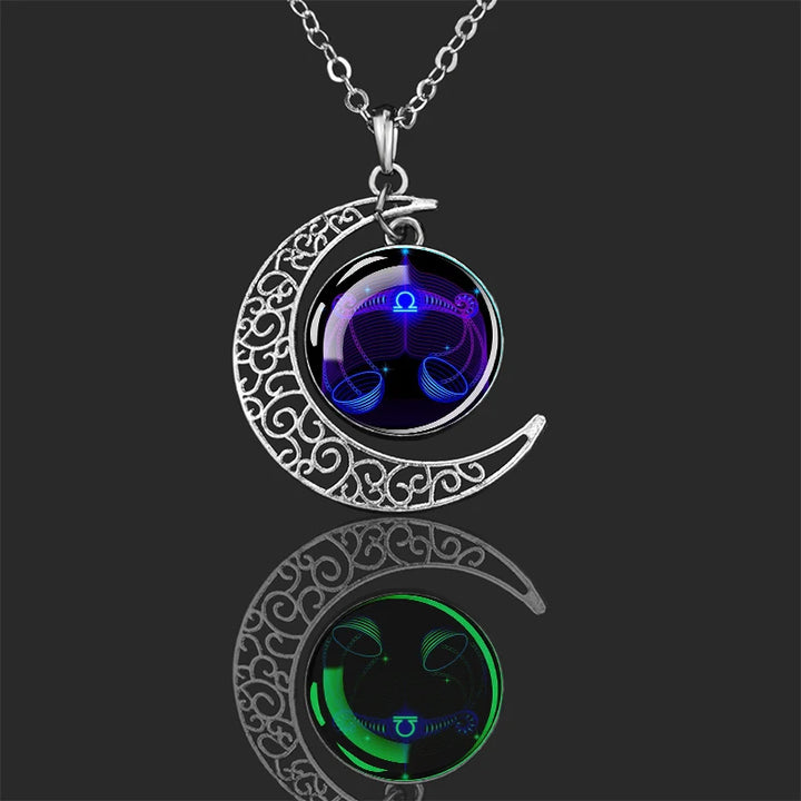 Luminous 12 Constellations Zodiac Signs Necklaces Crescent Moon Pendant Chains Necklace for Women and Men Birthday Jewelry Gifts