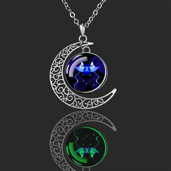 Luminous 12 Constellations Zodiac Signs Necklaces Crescent Moon Pendant Chains Necklace for Women and Men Birthday Jewelry Gifts