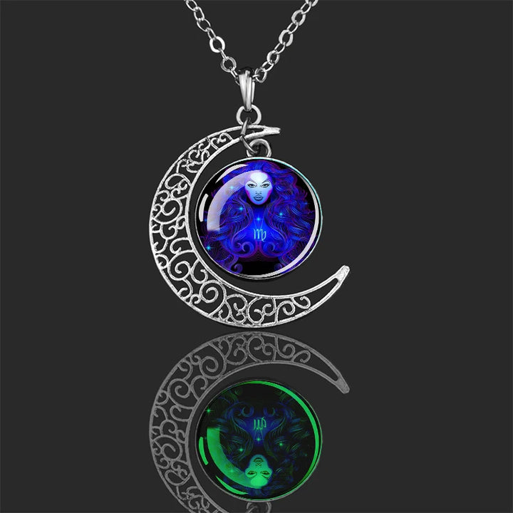 Luminous 12 Constellations Zodiac Signs Necklaces Crescent Moon Pendant Chains Necklace for Women and Men Birthday Jewelry Gifts