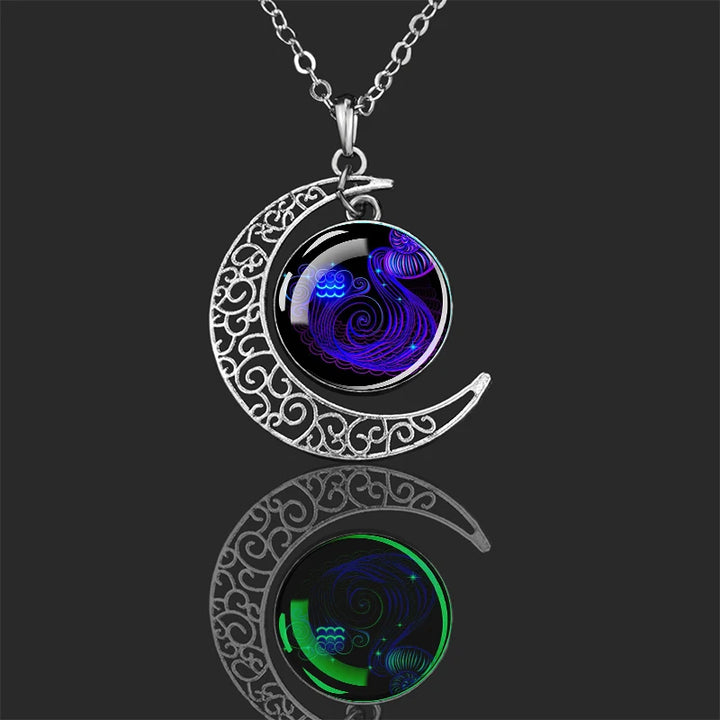 Luminous 12 Constellations Zodiac Signs Necklaces Crescent Moon Pendant Chains Necklace for Women and Men Birthday Jewelry Gifts