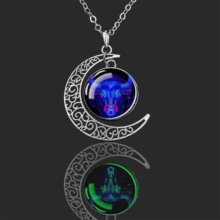Luminous 12 Constellations Zodiac Signs Necklaces Crescent Moon Pendant Chains Necklace for Women and Men Birthday Jewelry Gifts