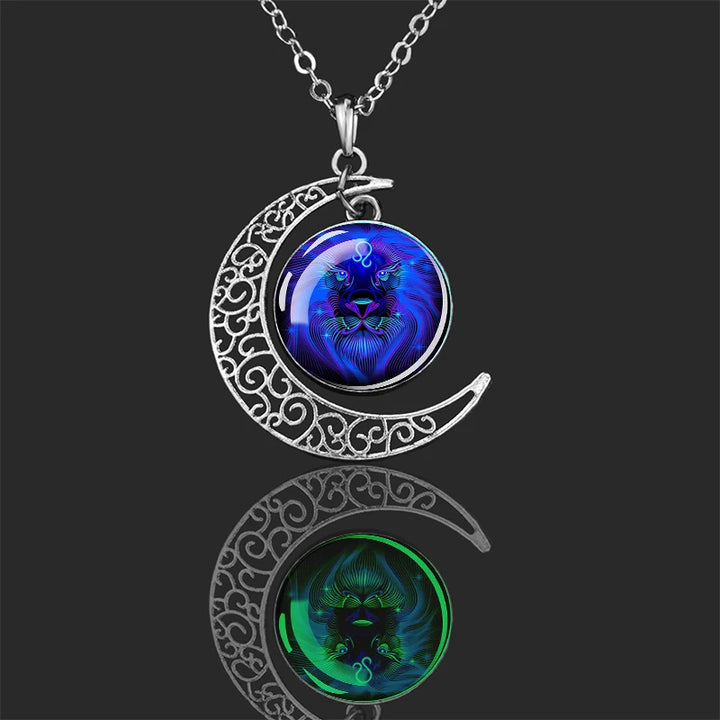 Luminous 12 Constellations Zodiac Signs Necklaces Crescent Moon Pendant Chains Necklace for Women and Men Birthday Jewelry Gifts