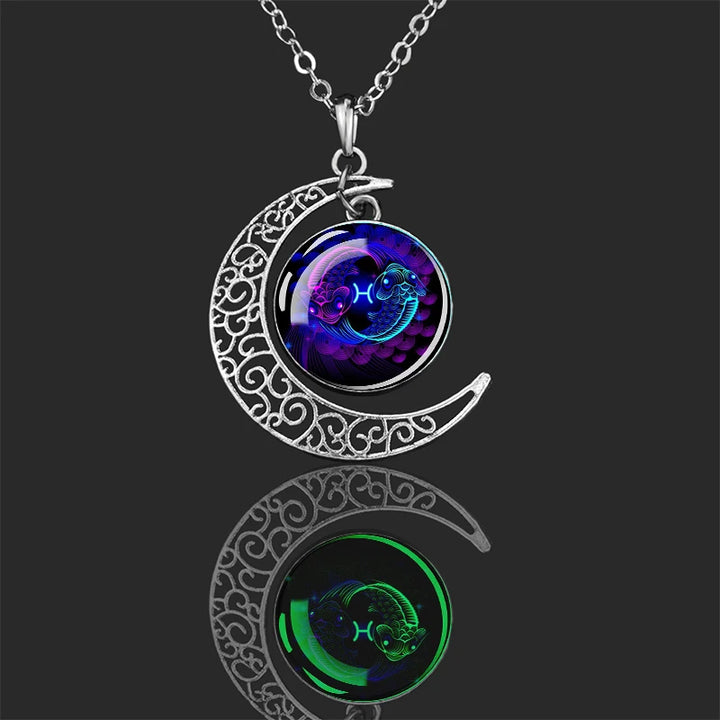 Luminous 12 Constellations Zodiac Signs Necklaces Crescent Moon Pendant Chains Necklace for Women and Men Birthday Jewelry Gifts