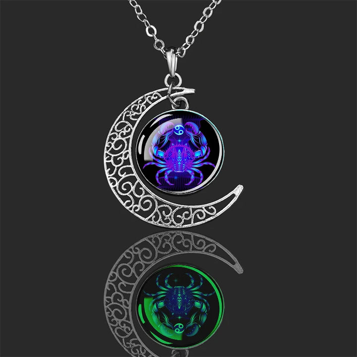 Luminous 12 Constellations Zodiac Signs Necklaces Crescent Moon Pendant Chains Necklace for Women and Men Birthday Jewelry Gifts
