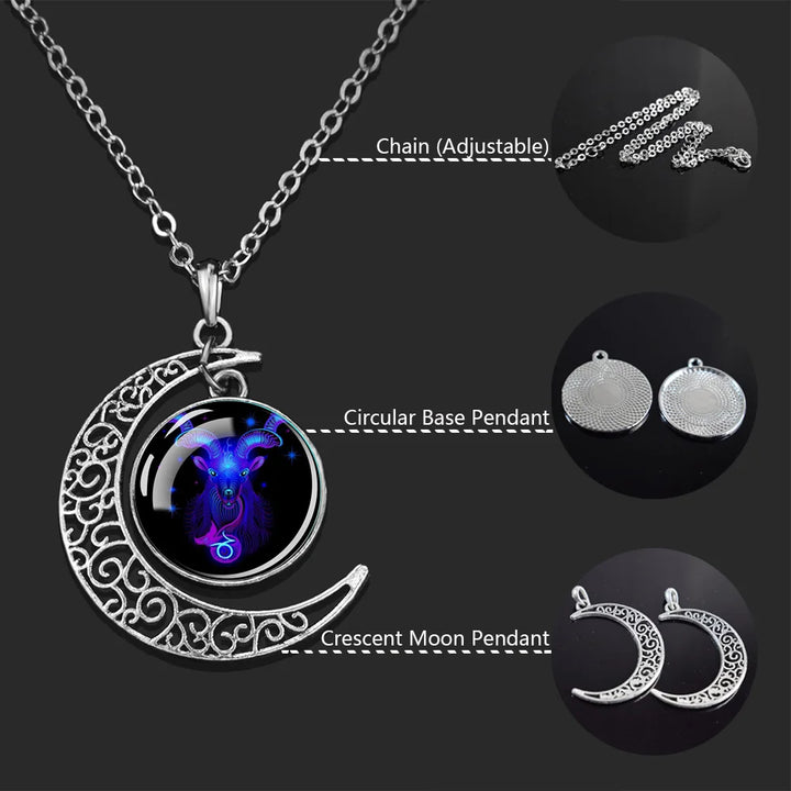 Luminous 12 Constellations Zodiac Signs Necklaces Crescent Moon Pendant Chains Necklace for Women and Men Birthday Jewelry Gifts