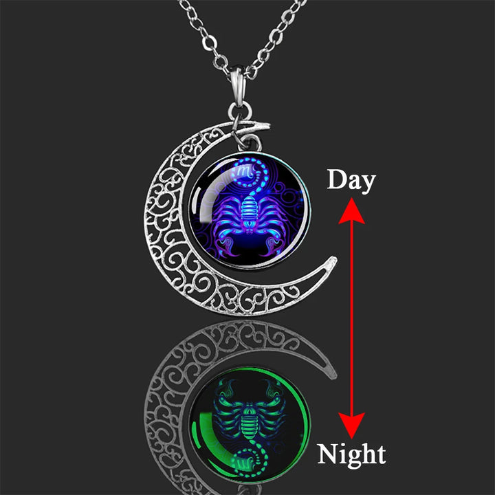 Luminous 12 Constellations Zodiac Signs Necklaces Crescent Moon Pendant Chains Necklace for Women and Men Birthday Jewelry Gifts