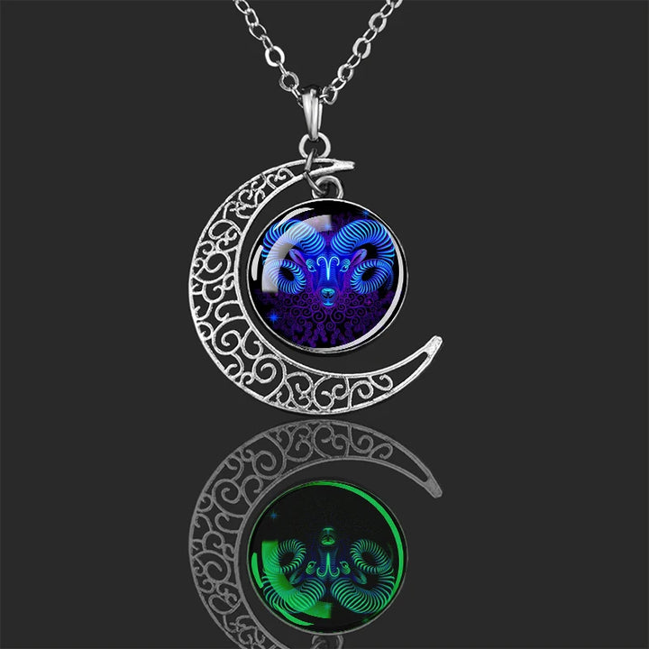 Luminous 12 Constellations Zodiac Signs Necklaces Crescent Moon Pendant Chains Necklace for Women and Men Birthday Jewelry Gifts