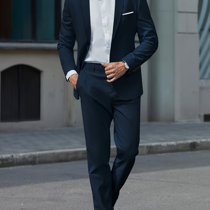 2-pack Set Of Men's Solid Color Business Outfits, Notch Lapel Collar Buttoned Blazer And Pants, Classic And Chic Set For Business, Banquet Wear And Formal Occasions